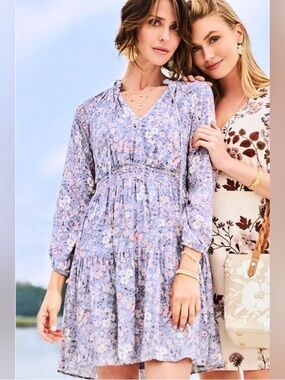 Spartina 449 Large Floral V-Neck Smocked Waist Mini Dress w/ Pockets in Lavender